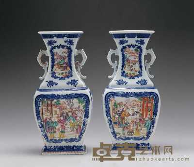 清乾隆 广彩人物双耳方瓶（二件） 高37.8×17.5cm
